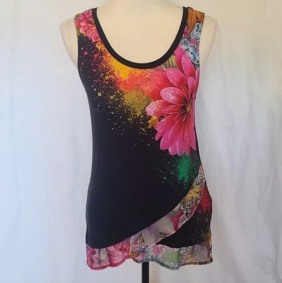 2 for $16 Desigual Black Floral Volantes Luka Sleeveless Tank Top XS - Picture 3 of 7